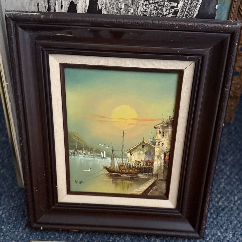 Vintage Harbor Scene Original Oil Painting 10 x 8